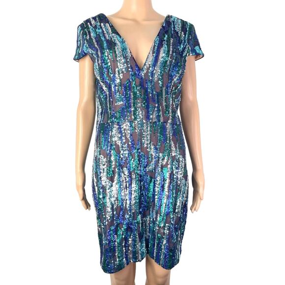 Dress the Population Zoe Sequin Blue Purple Sheath Mini Party Formal Dress - Picture 2 of 15